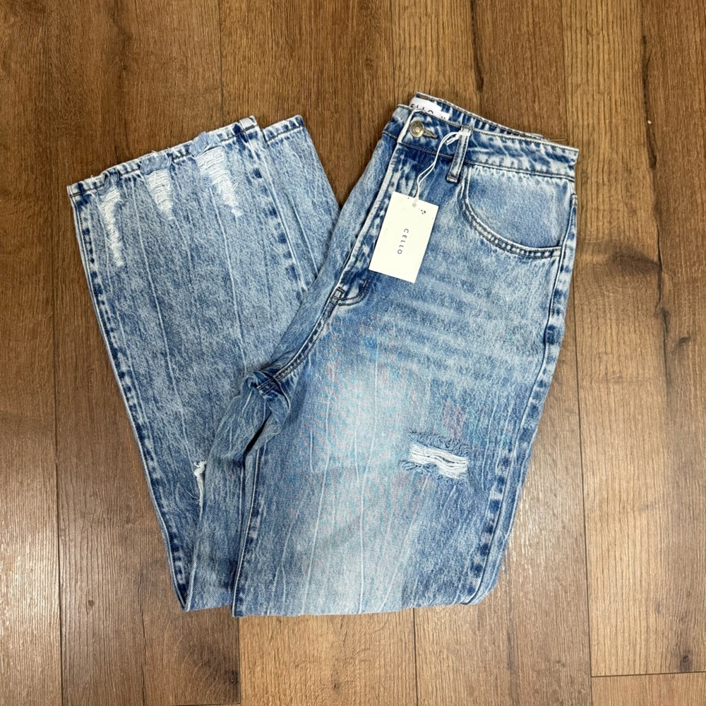 NWT CELLO jeans acid‎ wash distress high rise dad jeans